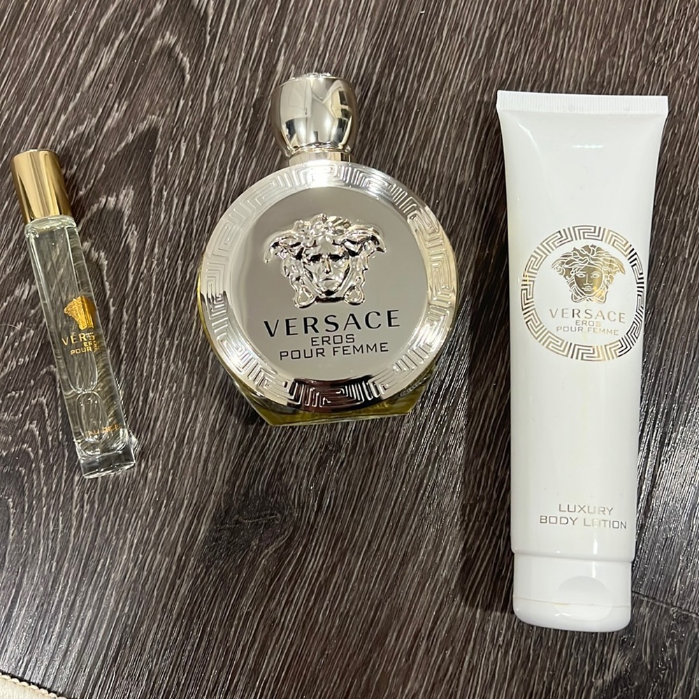 Eros pour femme set. 3.4oz parfum, roller ball, 5oz lotion